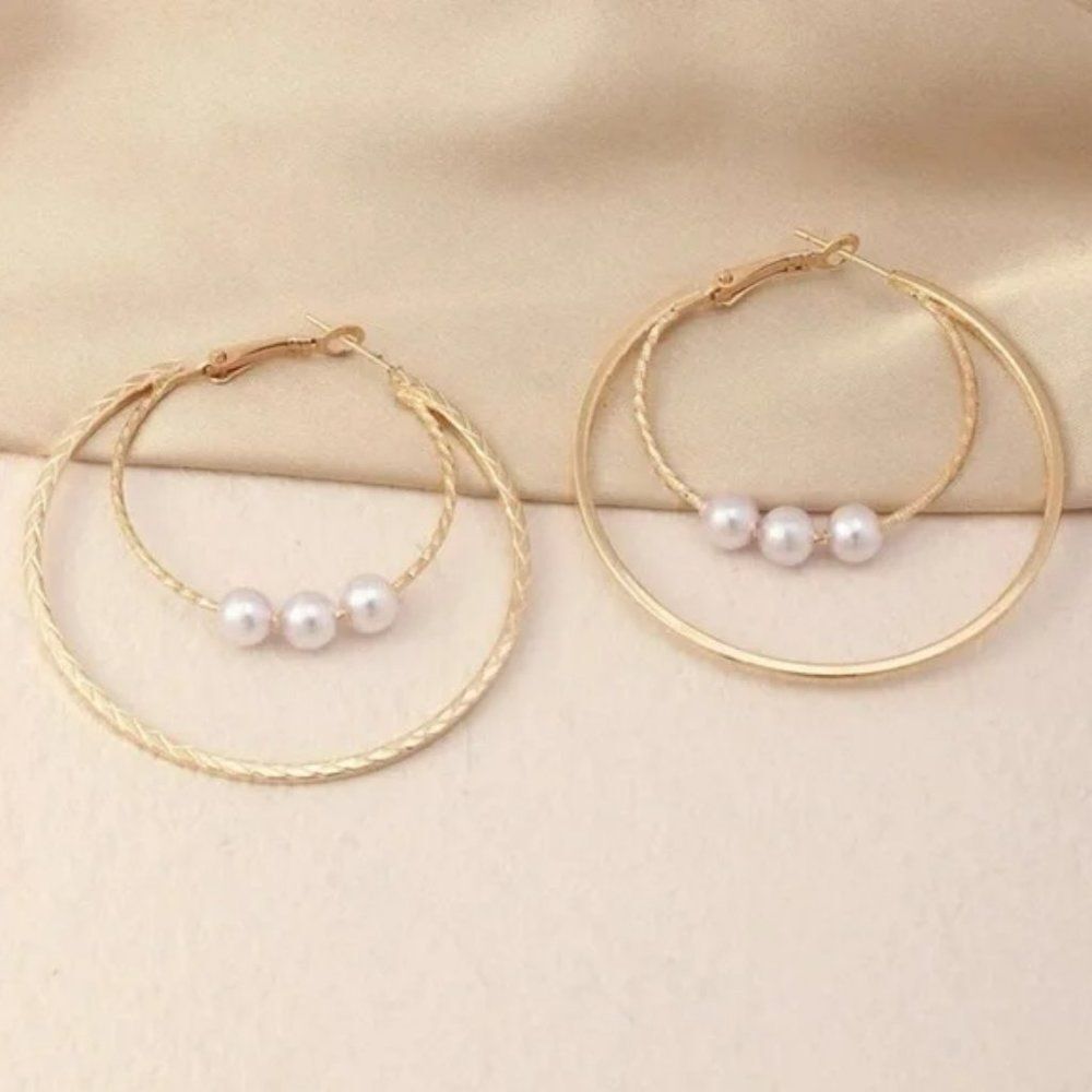 3/$25 Double Hoop Pearl Earrings Gold tone